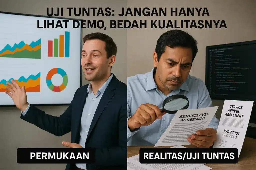 Perbandingan antara demo software yang cantik dan proses uji tuntas (due diligence) seorang ahli IT yang memeriksa dokumen SLA dan keamanan vendor.