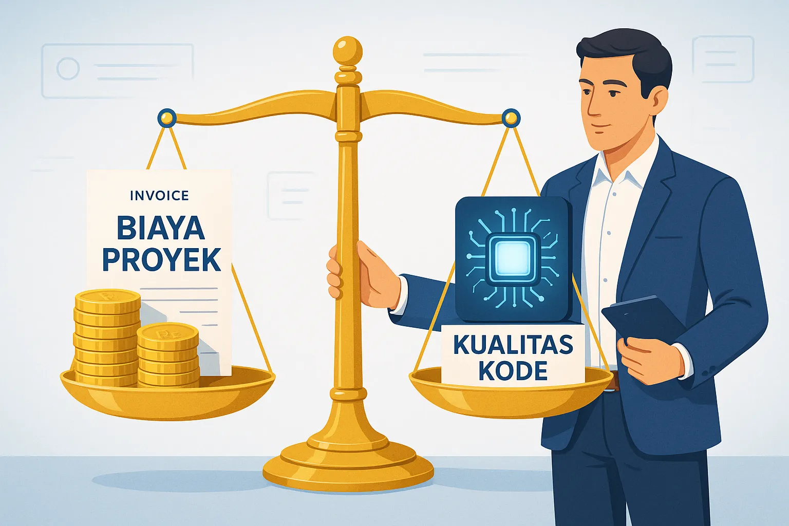 Ilustrasi audit teknologi independen profesional sedang menyeimbangkan antara biaya proyek IT (simbol uang Rupiah) dan kualitas kode (simbol chip) pada sebuah timbangan keadilan, menunjukkan peran verifikasi.