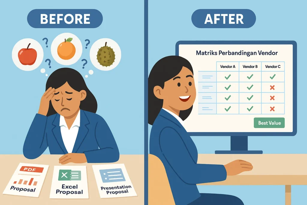 Manajer bisnis melakukan analisis proposal aplikasi menggunakan matriks perbandingan vendor untuk menemukan 'Best Value' secara objektif.