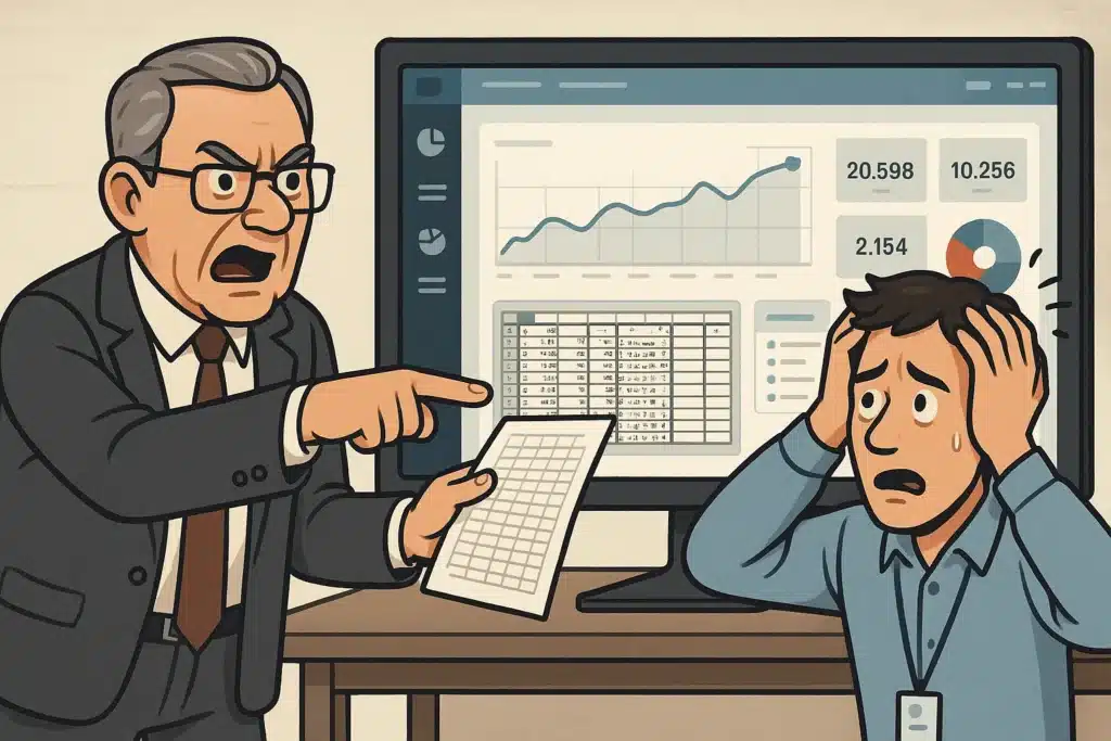 Ilustrasi kartun seorang manajer yang marah, memaksa konsultan IT untuk mengubah dashboard ERP modern agar terlihat persis seperti laporan Excel jadul.