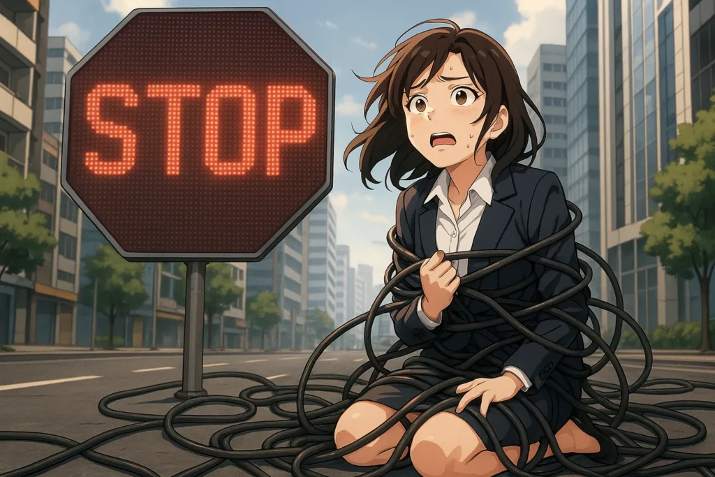 Seorang manajer wanita profesional berlutut di jalanan kota (mirip Jakarta) dan terjerat kabel server yang rumit, dengan rambu 'STOP' digital besar di belakangnya, menggambarkan situasi bisnis buntu akibat vendor lock-in.