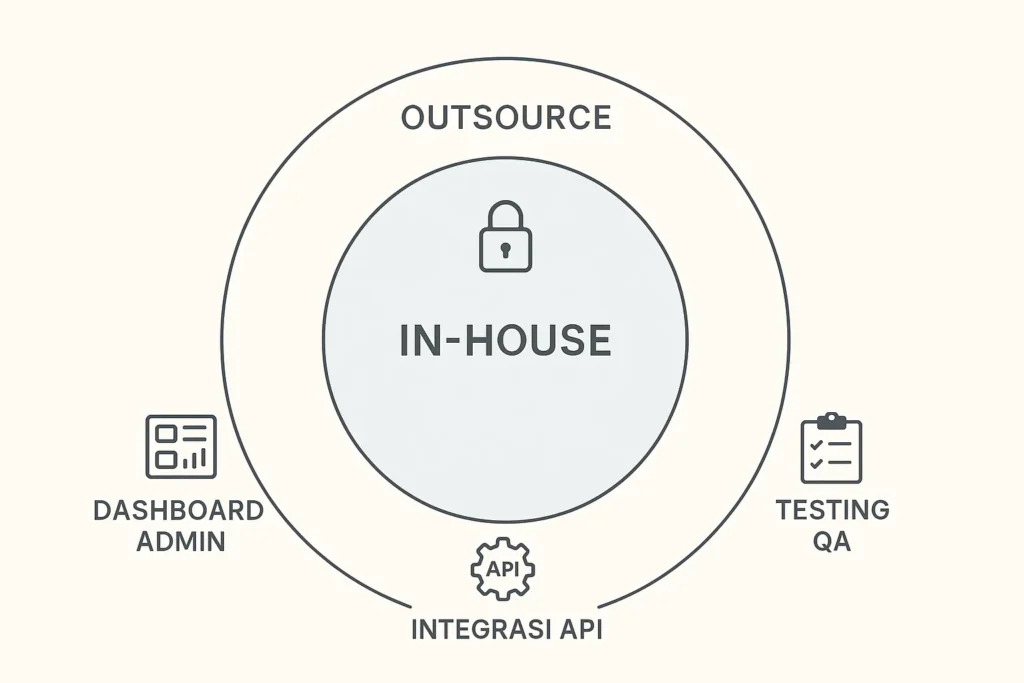 Diagram strategi Core vs Context, menunjukkan apa yang harus dikerjakan in-house vs outsource untuk developer IT.