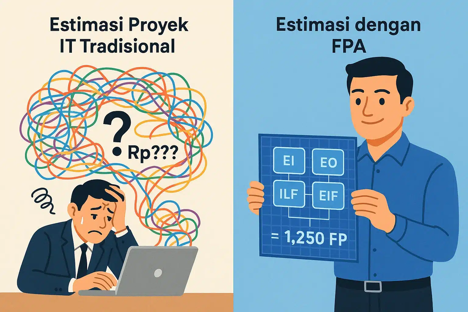 Ilustrasi perbandingan antara estimasi proyek IT tradisional yang digambarkan sebagai benang kusut, kontras dengan estimasi menggunakan Function Point Analysis ERP yang terstruktur rapi seperti cetak biru arsitek.