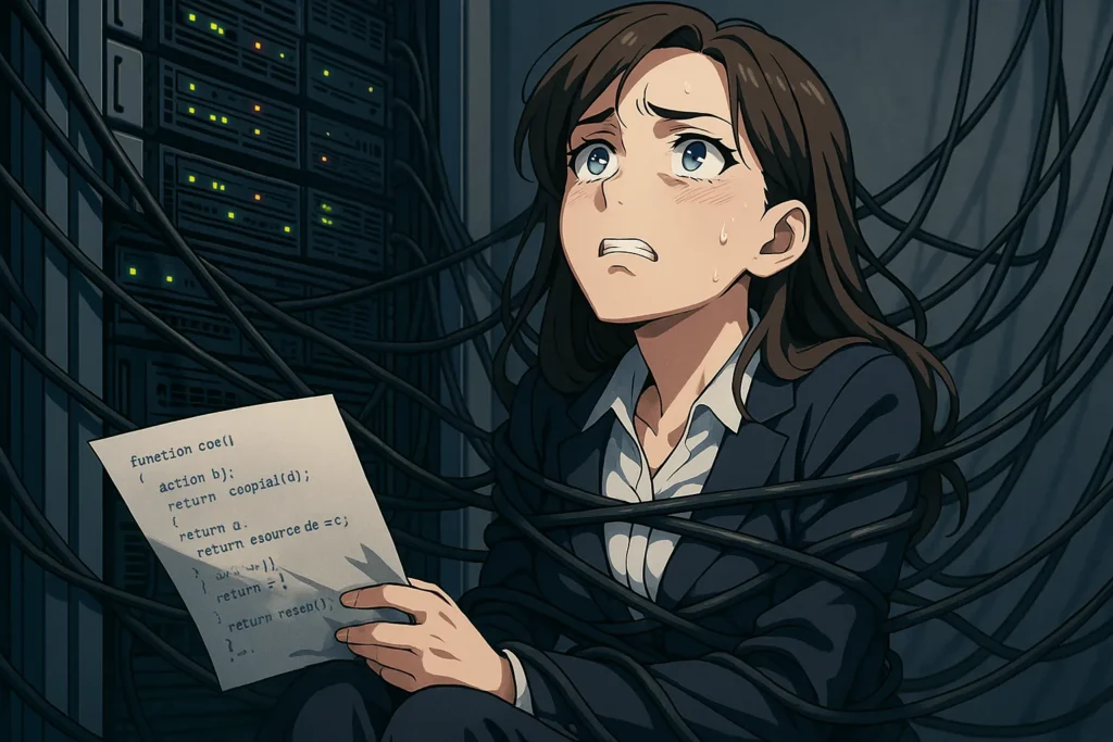 Seorang eksekutif wanita terlihat putus asa dan terikat oleh kabel-kabel dari sebuah rak server, menatap ke atas seolah mencari bantuan, melambangkan ketiadaan kepemilikan source code yang mengikatnya pada satu vendor.