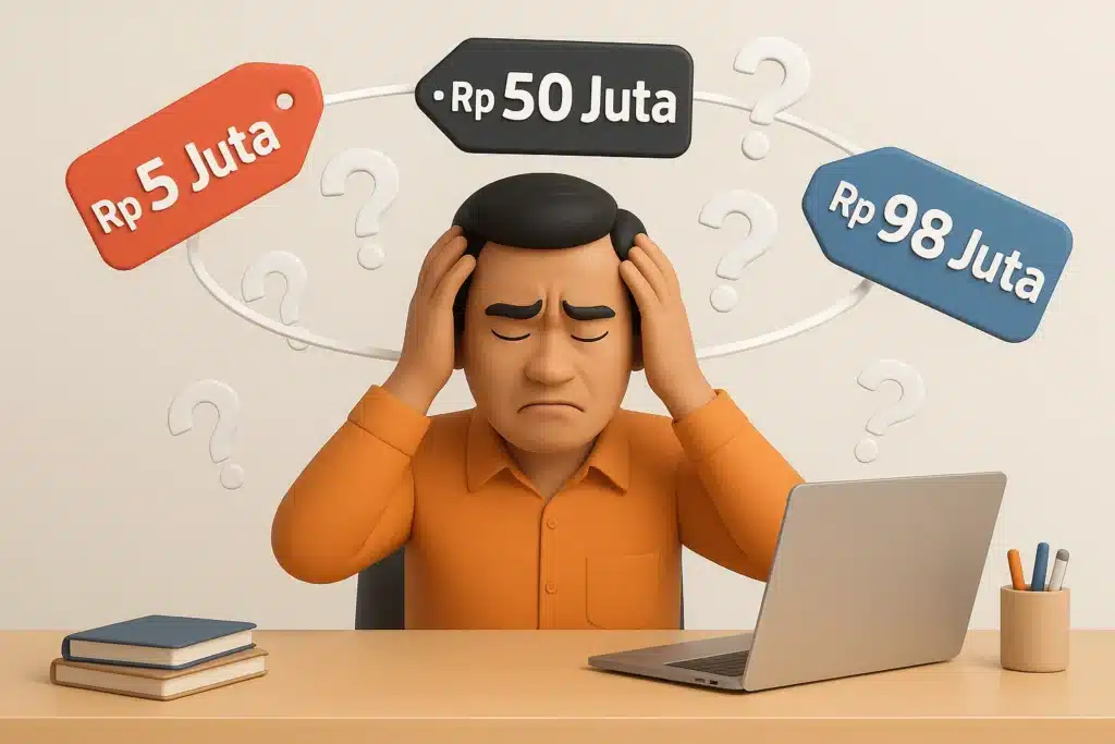 Ilustrasi seorang manajer pusing membandingkan tiga standar harga software yang sangat berbeda, menunjukkan perlunya transparansi harga IT.