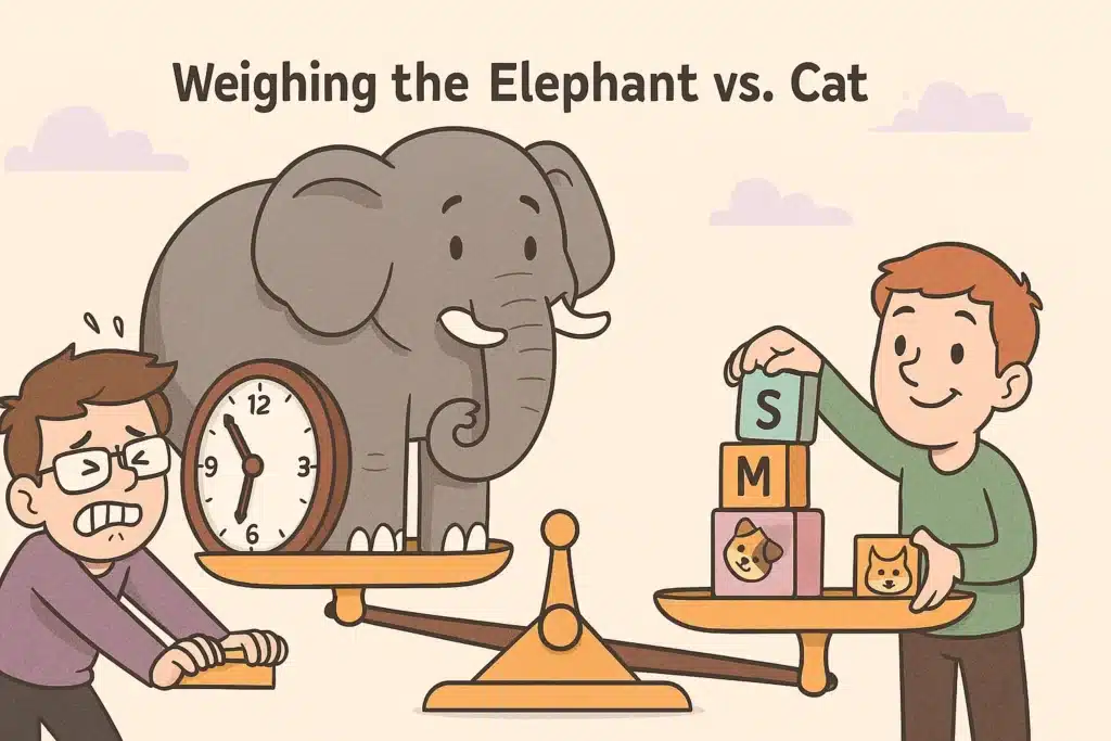 Ilustrasi perbandingan menghitung effort aplikasi menggunakan jam kerja (tidak akurat) vs story points (S, M, L) yang lebih relatif dan akurat.