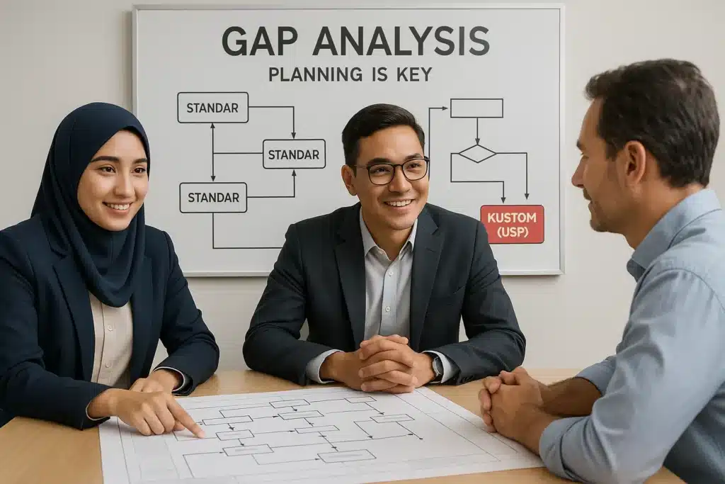 Tim konsultan Nusait sedang melakukan sesi Gap Analysis ERP bersama klien, memetakan alur bisnis di whiteboard untuk menentukan area standar dan kustom.