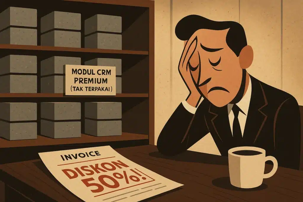 Ilustrasi rak server berisi tumpukan software berdebu berlabel 'fitur tak terpakai', menunjukkan jebakan 'shelfware' akibat mengejar tips diskon software yang salah.