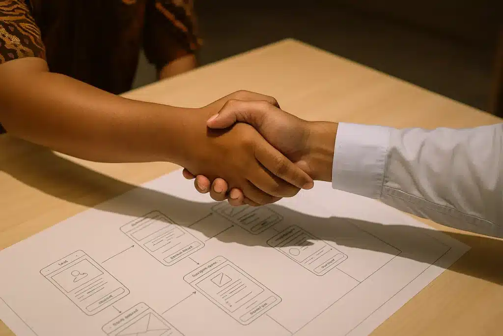 Foto jabat tangan antara klien dan developer di atas blueprint aplikasi, melambangkan kemitraan yang dibangun atas dasar transparansi dan kepercayaan.