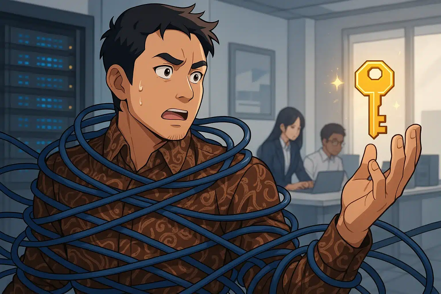 Ilustrasi vendor lock-in aplikasi. Seorang pebisnis Indonesia profesional dengan kemeja batik terjerat oleh kabel data fiber optik yang kusut, namun ia menatap sebuah kunci emas digital yang bersinar di tangannya, melambangkan klausul kontrak sebagai solusi
