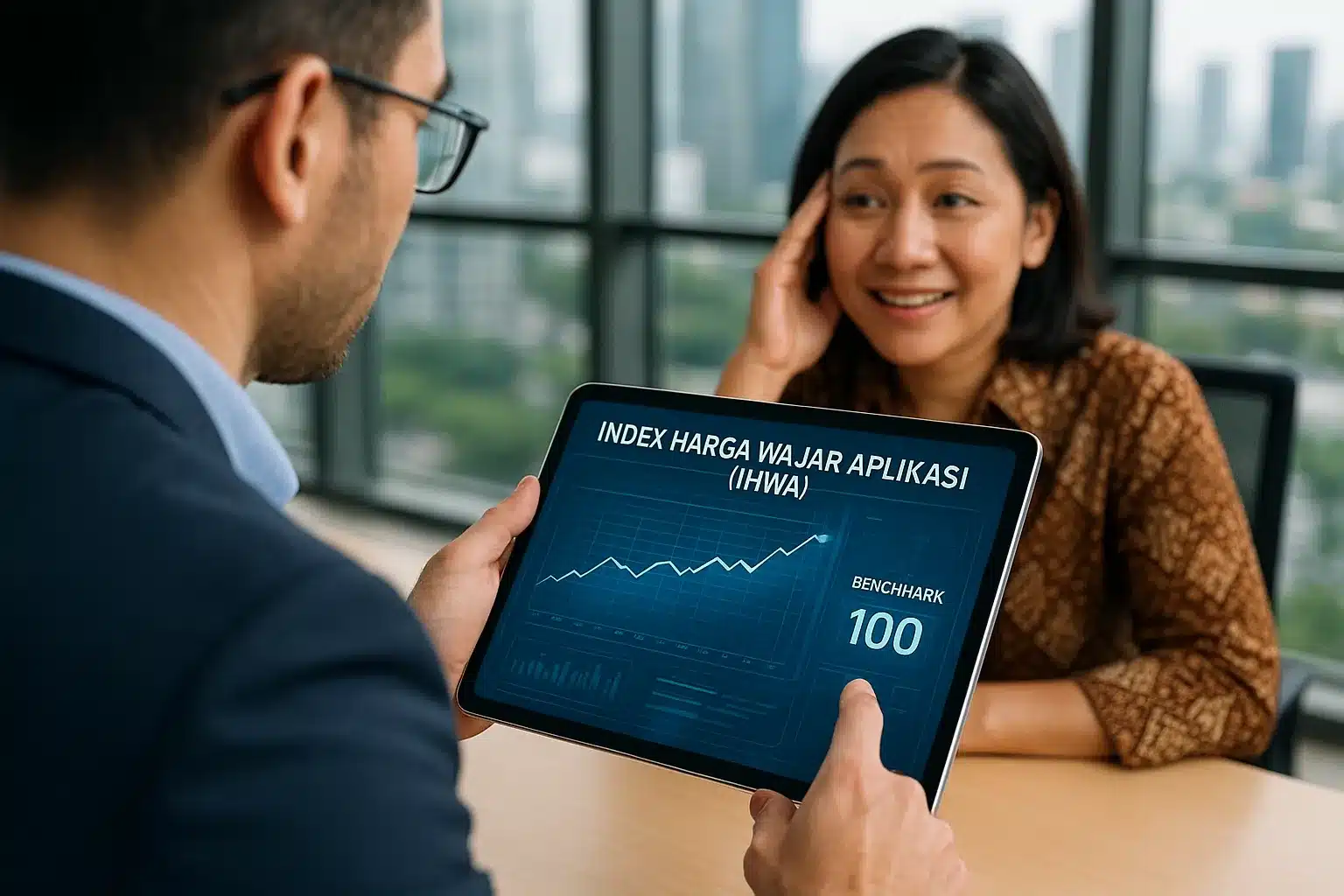 Seorang konsultan IT profesional Nusait.com menunjukkan dashboard Index Harga Wajar Aplikasi (IHWA) di tablet kepada klien bisnis di Jakarta, memberikan solusi transparansi harga software.