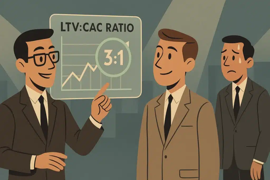 Ilustrasi konsultan IT (Nusait) menunjukkan metrik rahasia LTV:CAC di dashboard hologram kepada klien, sebagai bagian dari strategi negosiasi biaya aplikasi.