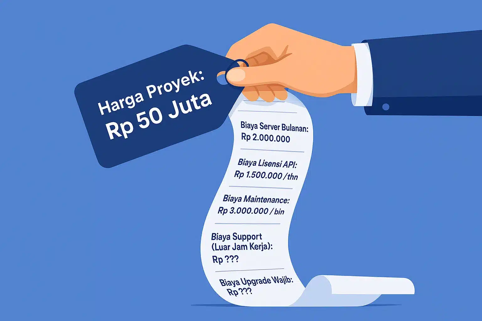 Ilustrasi membedah proposal vendor, menunjukkan harga awal yang murah menutupi struk panjang berisi biaya tersembunyi TCO.