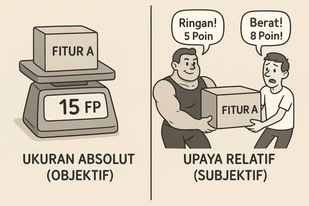Ilustrasi perbandingan FPA, yang digambarkan sebagai timbangan digital objektif, melawan Story Points, yang digambarkan sebagai dua orang berbeda menilai berat beban secara subjektif.