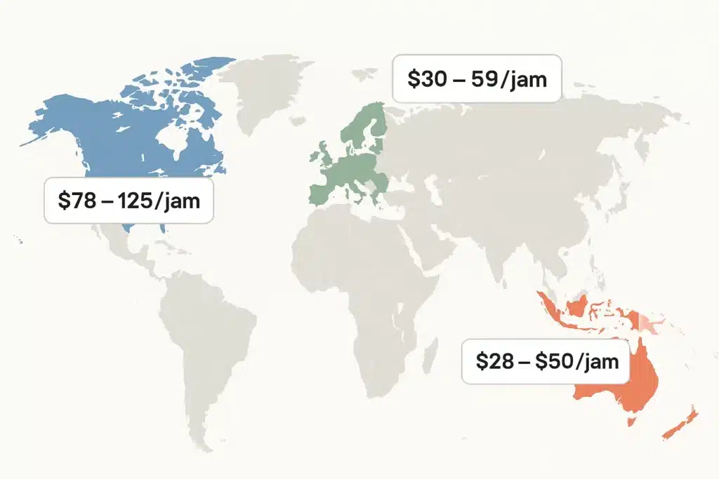 Peta perbandingan rate per hour developer global, menunjukkan biaya di Indonesia, Eropa Timur, dan Amerika Utara.
