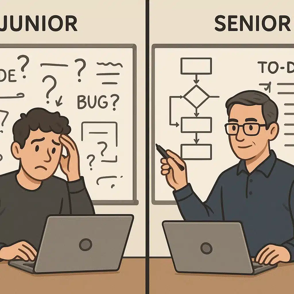 Ilustrasi perbedaan developer junior vs senior dalam mengatasi masalah ambigu menjadi solusi terstruktur.