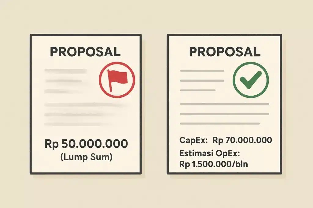 Perbandingan visual antara proposal red flag (biaya lump sum tidak jelas) dengan proposal green flag (rincian biaya TCO transparan).