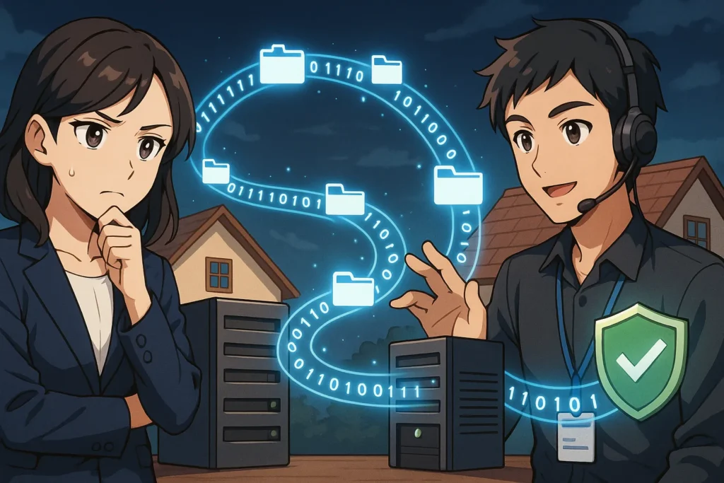 Seorang manajer wanita (klien) mengawasi aliran data digital yang berpindah mulus dari satu server ke server lain, dibantu oleh teknisi IT (Nusait) yang memastikan proses migrasi data vendor berjalan aman dan lancar.