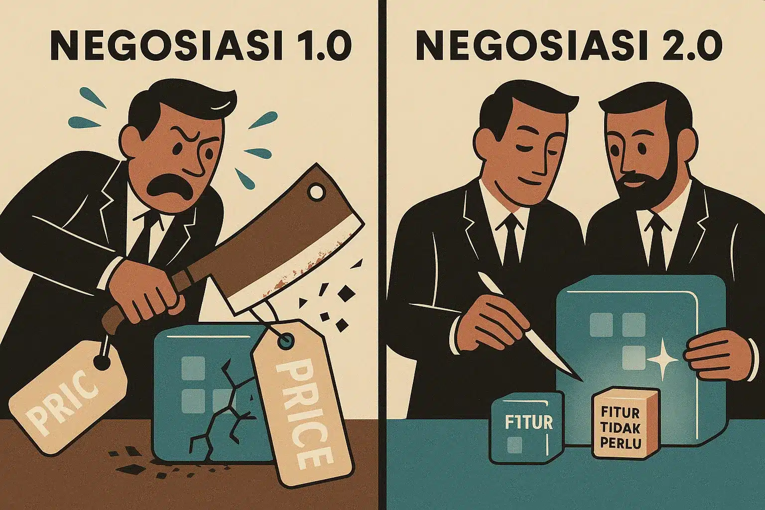 Ilustrasi perbandingan negosiasi biaya aplikasi: Taktik 1.0 memotong harga pakai golok merusak kualitas, Taktik 2.0 memotong fitur pakai pisau bedah menjaga kualitas.