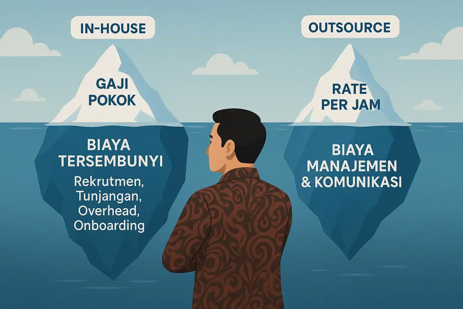 Infografis perbandingan biaya rate per hour pengembang TCO developer in-house vs outsource, menunjukkan biaya tersembunyi seperti gunung es.