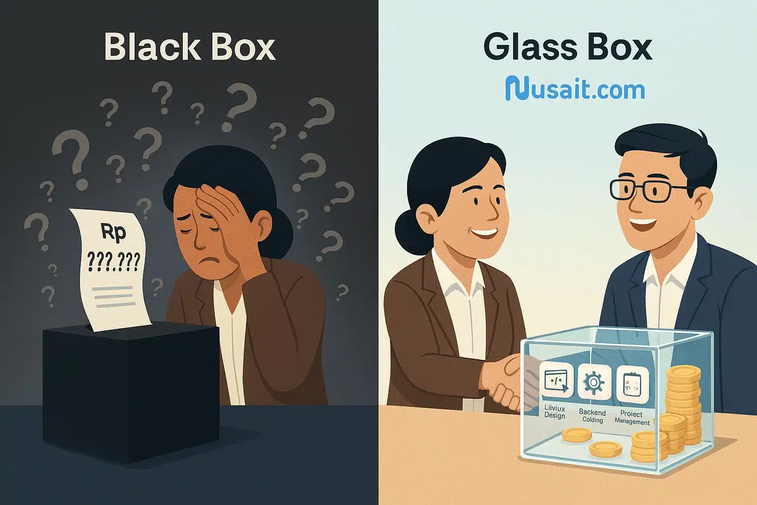 Ilustrasi perbandingan transparansi biaya pengembangan aplikasi 'kotak hitam' yang membingungkan vs transparansi 'kotak kaca' dari developer IT profesional.