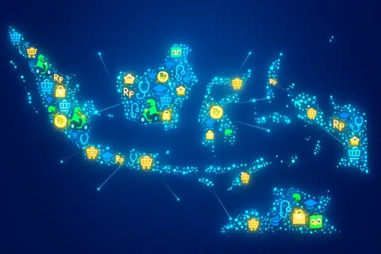 Ilustrasi peta Indonesia yang bersinar, terbentuk dari kumpulan ikon-ikon yang melambangkan ekosistem perusahaan digital di Indonesia.