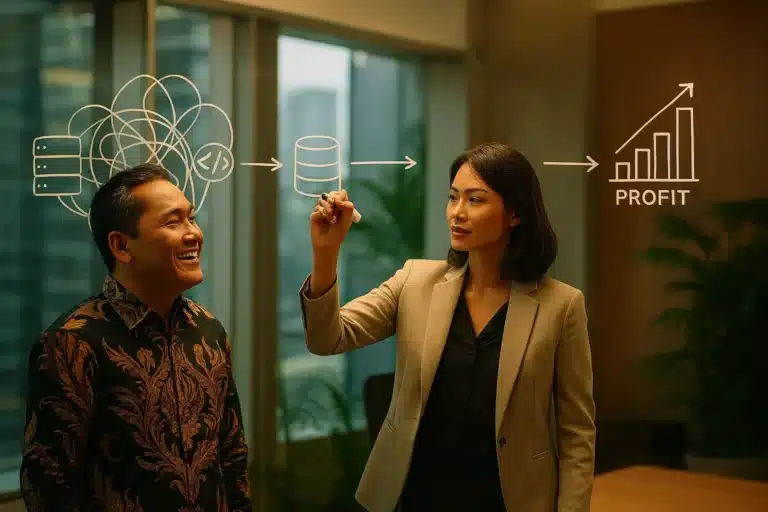 IT consultant Indonesia sedang menjelaskan alur bisnis yang jelas kepada klien di depan sebuah diagram yang tadinya terlihat kusut.
