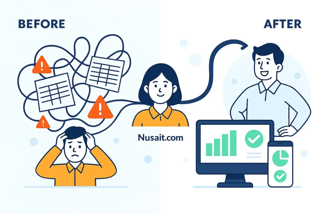 Ilustrasi proses bisnis yang berantakan diubah menjadi rapi dan efisien berkat bantuan dan strategi dari seorang konsultan IT.