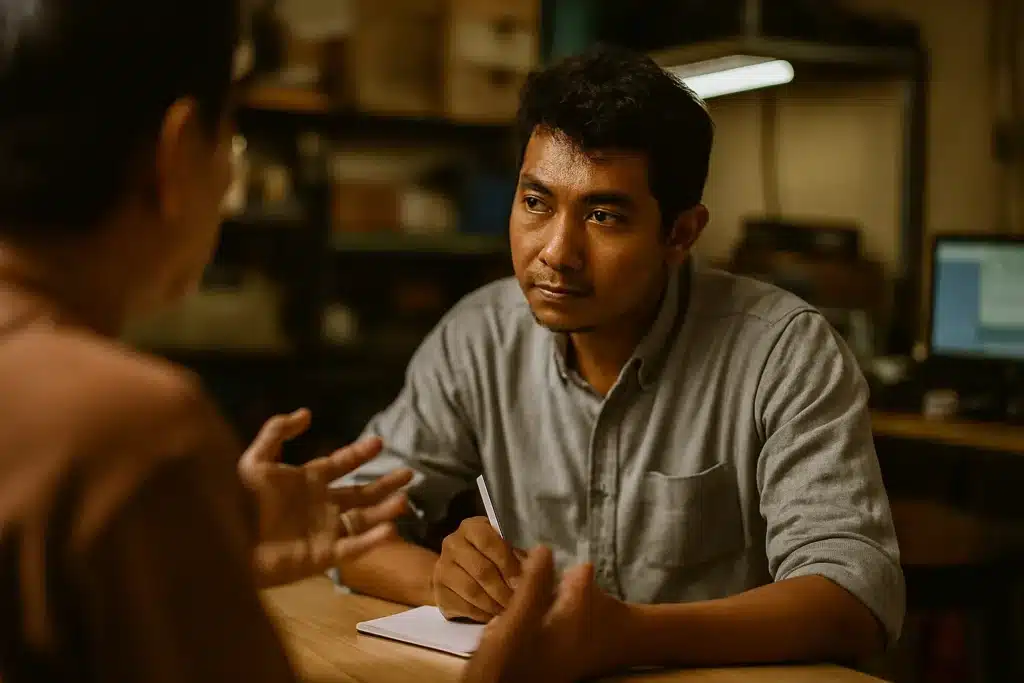 Seorang konsultan IT profesional sedang mendengarkan dengan saksama dan mencatat poin-poin penting dari seorang klien di kantor UMKM.