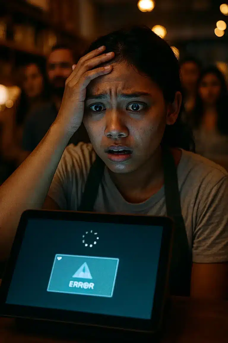 Tanda Butuh Konsultan IT. Seorang pemilik kafe wanita stres melihat aplikasi kasir tablet yang error di depan antrian pelanggan yang panjang.