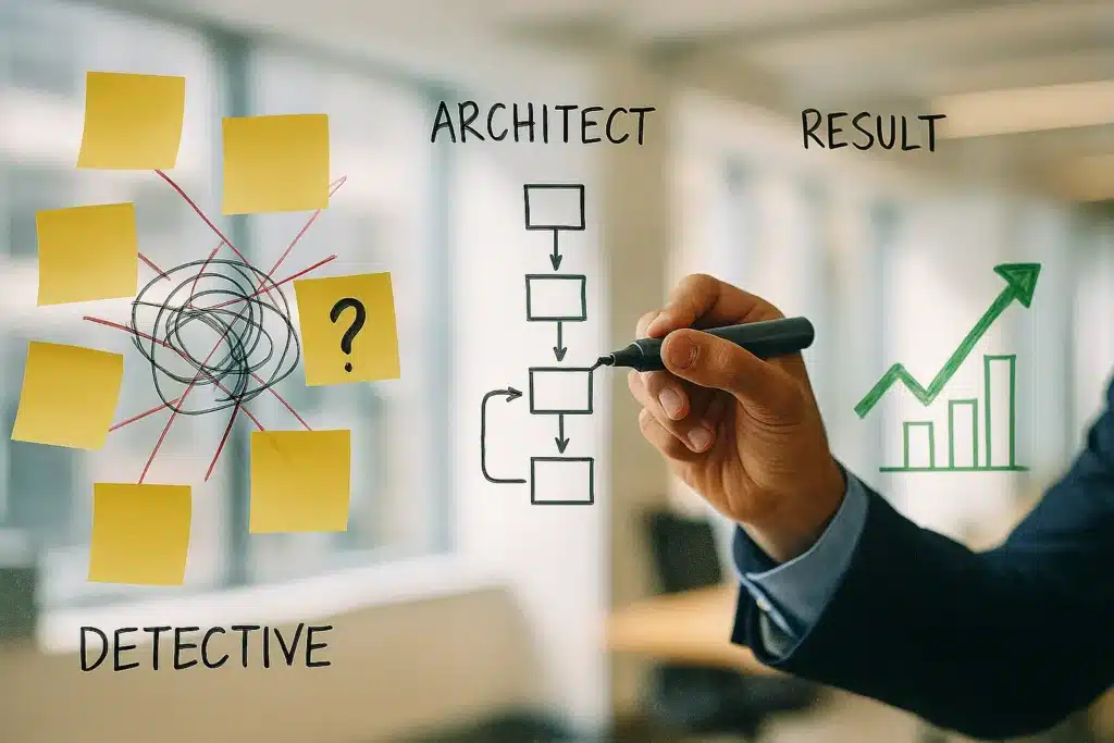 Tangan seorang konsultan sedang mengubah diagram masalah yang kusut menjadi flowchart strategi yang terstruktur di papan tulis kaca.