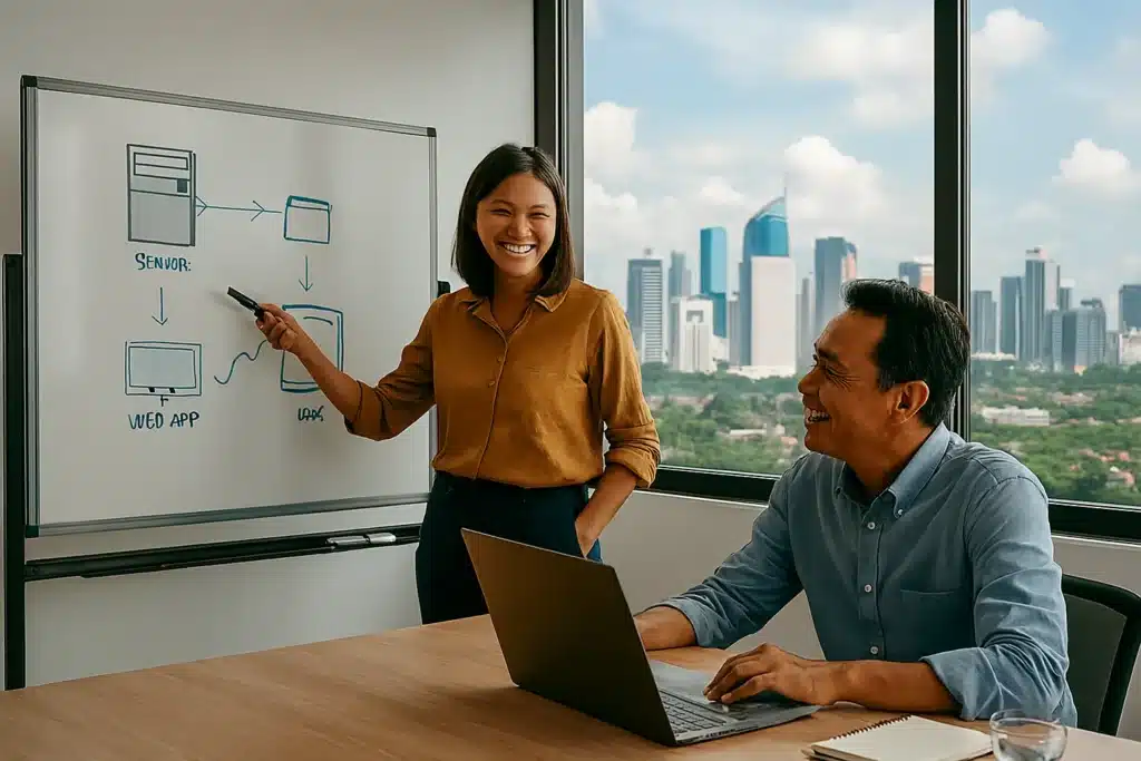 Seorang konsultan IT wanita profesional sedang menjelaskan strategi di papan tulis kepada seorang pemilik bisnis pria yang terlihat lega dan paham.