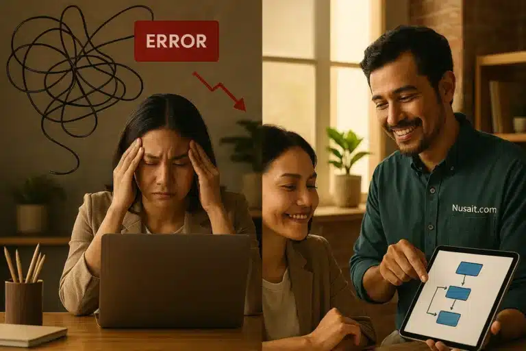 Seorang konsultan IT memberikan solusi strategis yang jelas kepada pemilik bisnis yang sedang pusing menghadapi masalah teknologi.