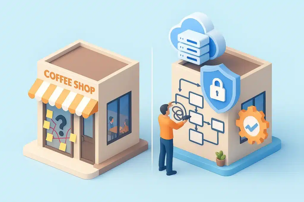 Ilustrasi 3D seorang konsultan IT sedang melakukan transformasi digital pada sebuah bisnis dengan memasang ikon solusi cloud dan keamanan siber.