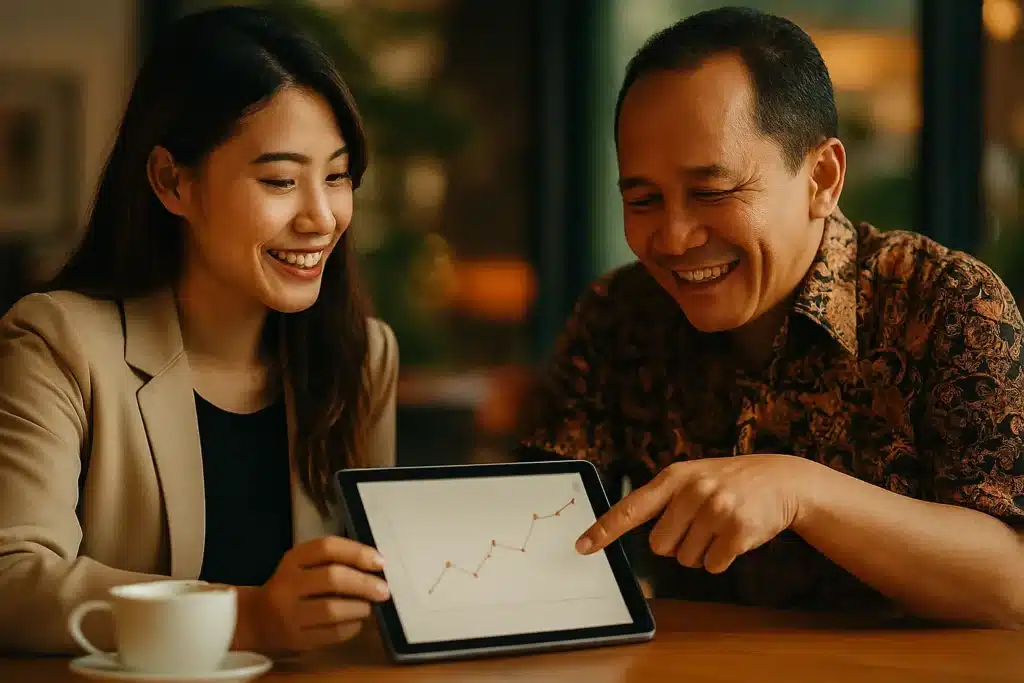 Tim konsultan Nusait.com sedang melakukan brainstorming strategi dan analisis data secara kolaboratif di ruang rapat yang dinamis di Jakarta.