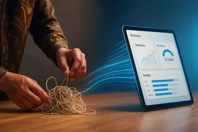 Sebuah contoh transformasi digital: tangan seorang pengusaha mengubah benang kusut yang melambangkan proses bisnis rumit menjadi alur cahaya digital yang rapi di layar tablet.