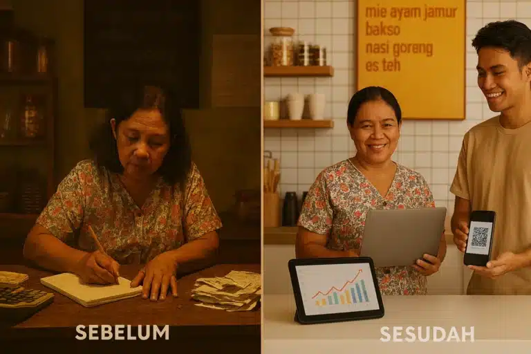 Ilustrasi transformasi digital pada sebuah UMKM di Indonesia, dari pencatatan manual menjadi sistem kasir digital modern dengan dashboard analitik.