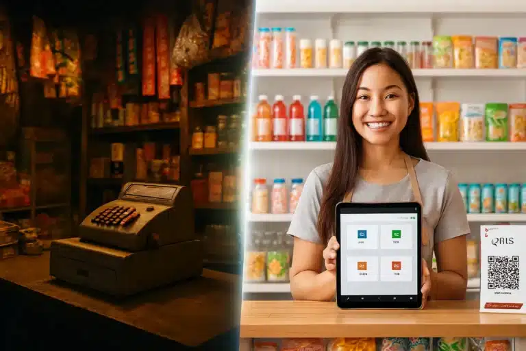 Gambar disrupsi teknologi berupa perbandingan antara warung kelontong tradisional yang tua dan UMKM modern yang bersih dan menggunakan aplikasi kasir digital di tablet.