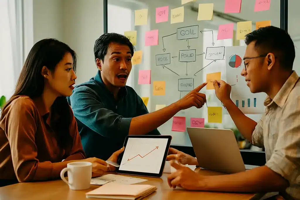 Tim konsultan Nusait.com sedang melakukan brainstorming strategi dan analisis data secara kolaboratif di ruang rapat yang dinamis di Jakarta.