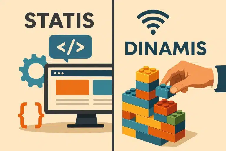 Ilustrasi perbandingan website company profile statis vs dinamis. Website statis yang kaku seperti batu dan website dinamis (CMS) yang fleksibel seperti LEGO, solusi dari Nusait.com.