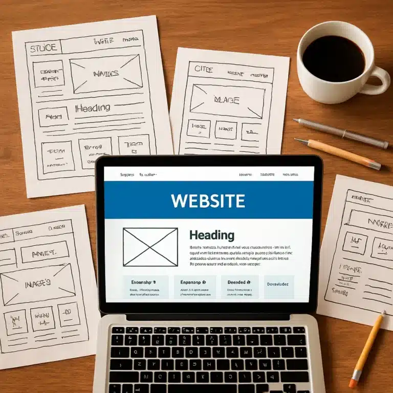 Proses cara pembuatan website company profile dari sketsa blueprint di atas kertas menjadi desain web yang nyata di laptop.