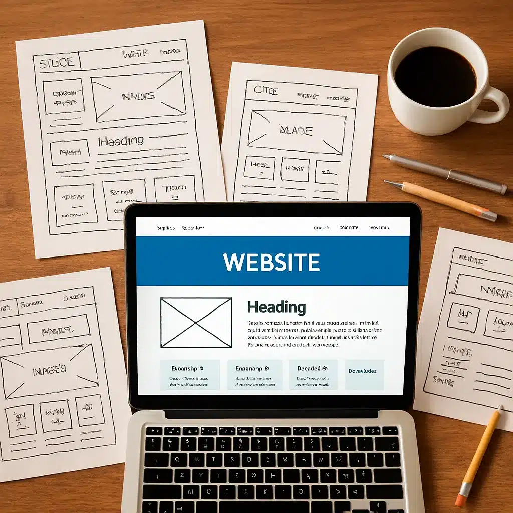Proses cara pembuatan website company profile dari sketsa blueprint di atas kertas menjadi desain web yang nyata di laptop.