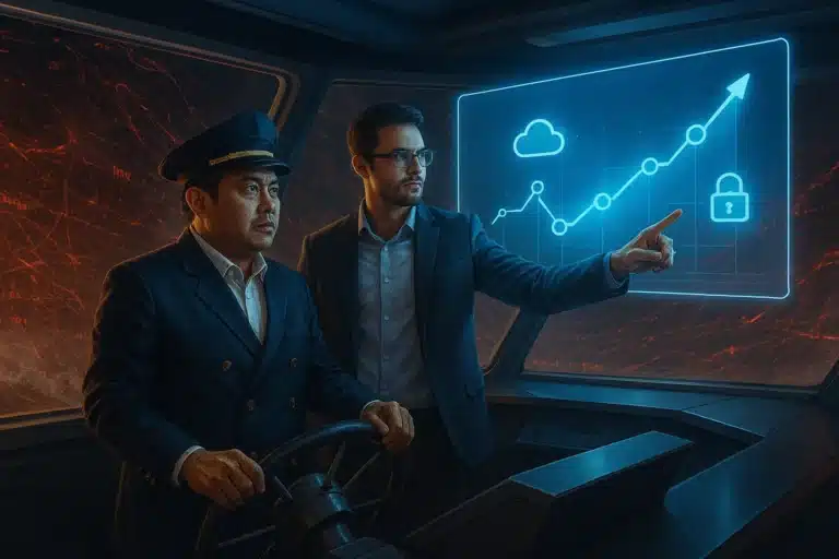 Seorang konsultan bisnis memberikan arahan solusi kepada pemilik usaha yang sedang menghadapi badai data digital rumit di depannya.