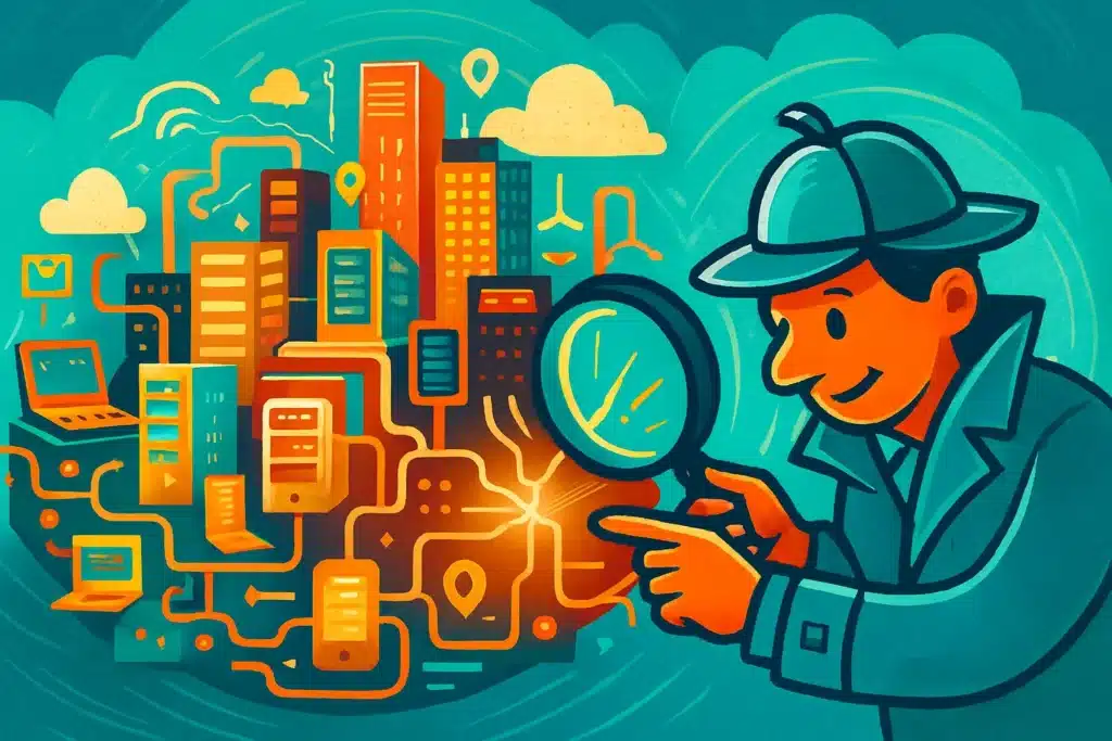 Ilustrasi seorang auditor IT sebagai "detektif digital" yang menggunakan kaca pembesar untuk memeriksa keamanan dalam sebuah infrastruktur jaringan komputer yang kompleks.