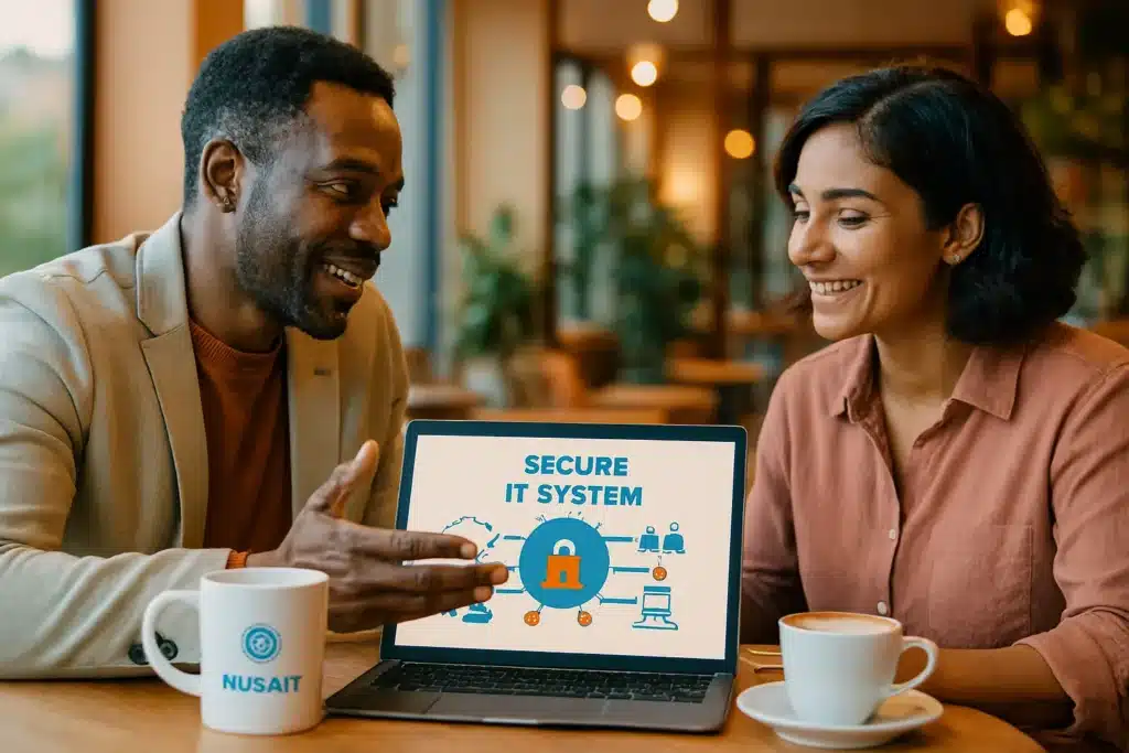 Dua profesional, konsultan dari Nusait.com dan klien, sedang berdiskusi santai mengenai solusi audit sistem informasi di sebuah kafe modern.