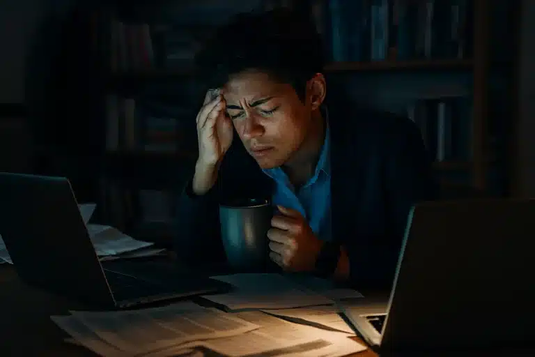 Seseorang terlihat frustrasi saat larut malam mencari referensi jurnal audit sistem informasi di laptopnya yang dikelilingi tumpukan kertas.