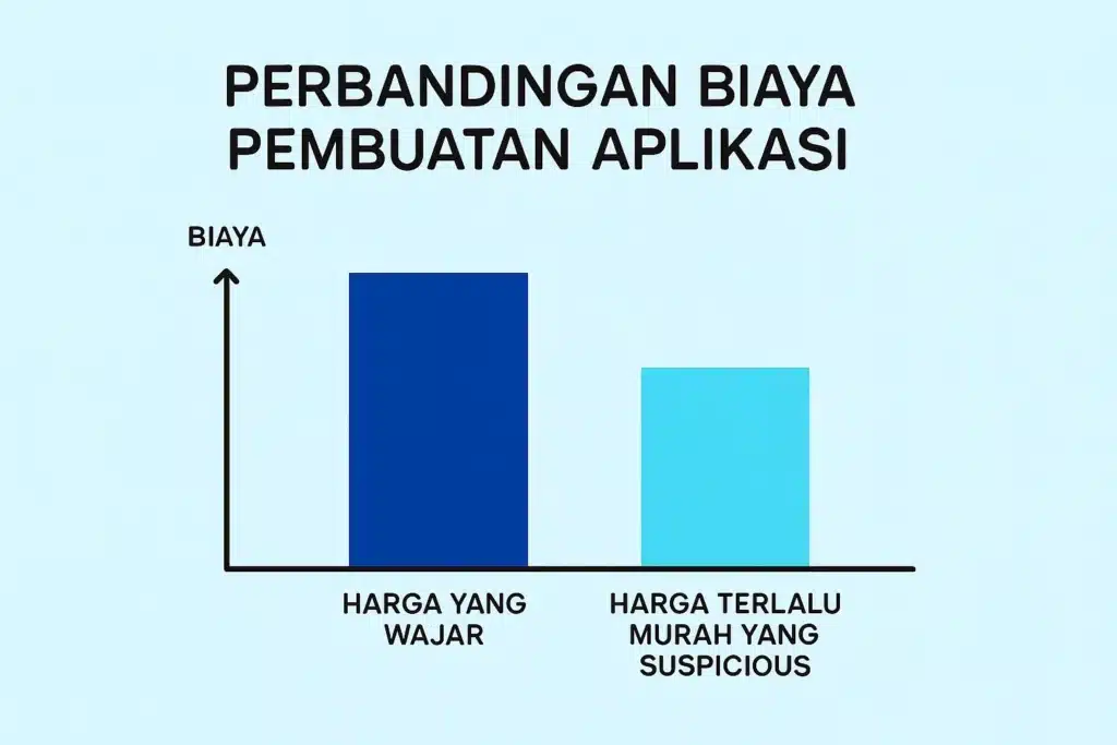 Grafik perbandingan biaya pembuatan aplikasi yang wajar versus harga terlalu murah yang mencurigakan.