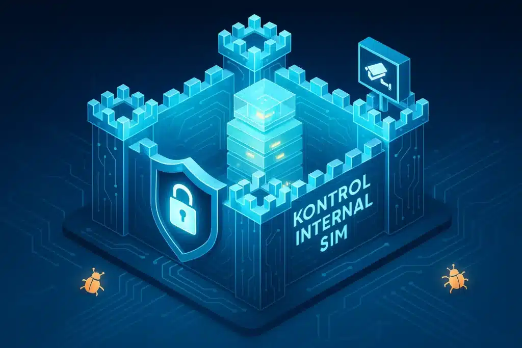 Ilustrasi konsep kontrol internal SIM yang berfungsi sebagai benteng digital yang kokoh, melindungi data penting perusahaan dari berbagai ancaman siber.