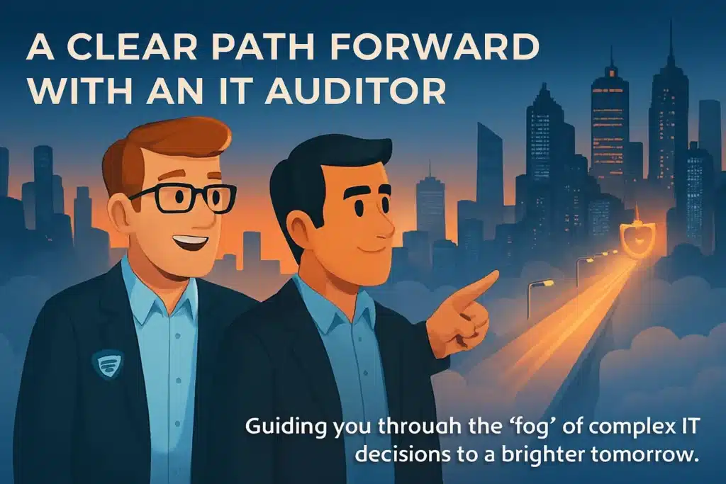 Ilustrasi seorang auditor IT profesional menunjukkan jalan yang terang kepada pemilik bisnis di tengah lanskap teknologi.