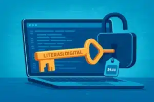 Metafora kunci bertuliskan 'Literasi Digital' membuka gembok harga aplikasi di layar laptop.